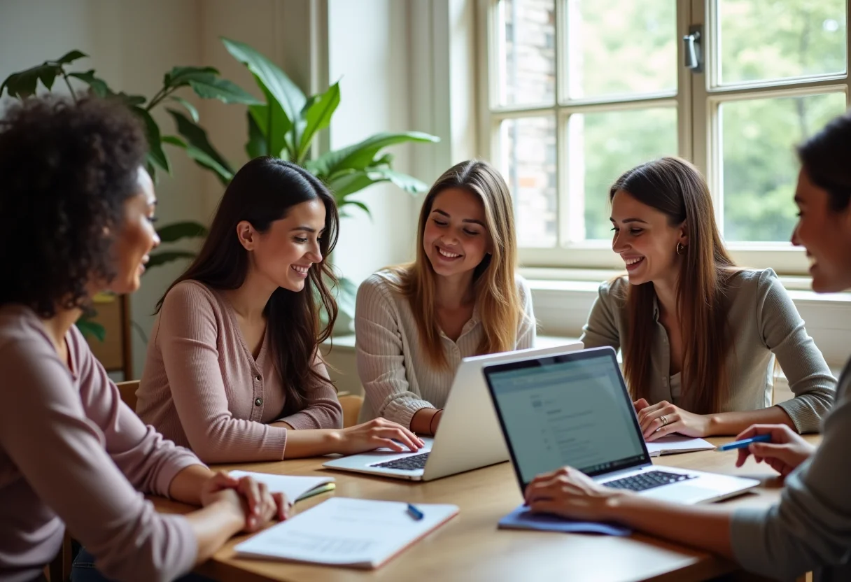 Mães empreendedoras trabalhando juntas em um espaço de coworking moderno
