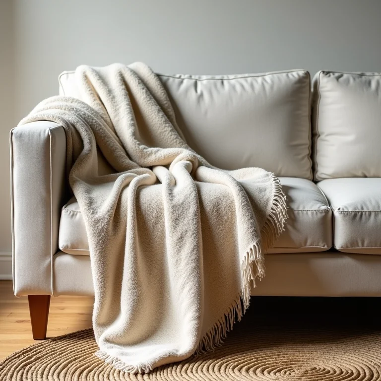 Manta texturizada sobre sofá de linho.