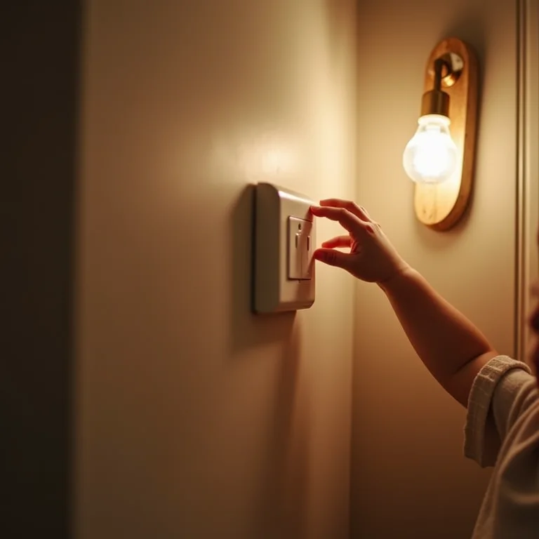 Mão de criança alcançando interruptor de luz em banheiro.