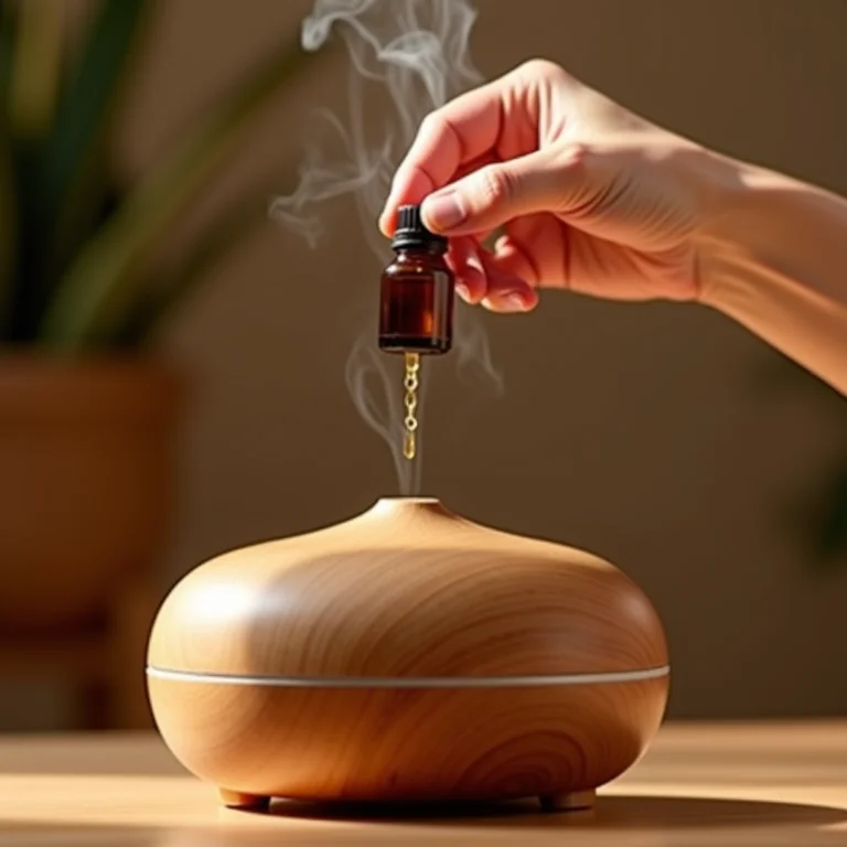 Mão despejando óleo essencial de sândalo em um difusor