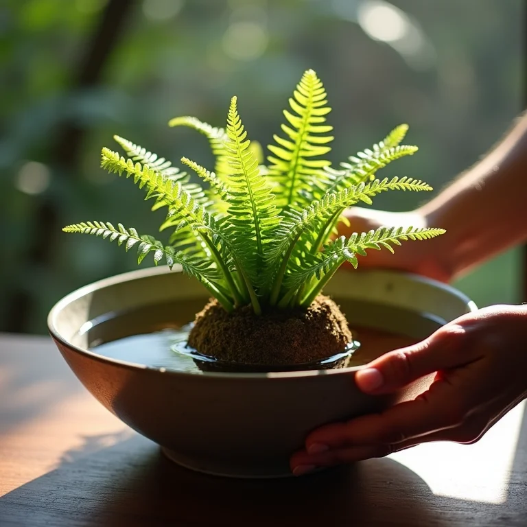 Mão mergulhando kokedama com samambaias em água