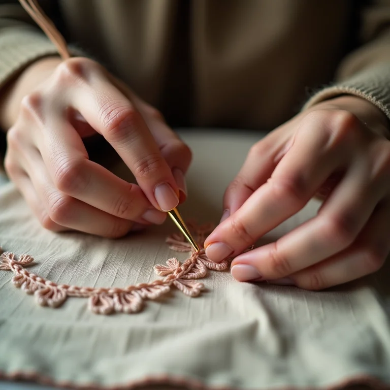 Mãos bordando detalhes intricados em tecido.