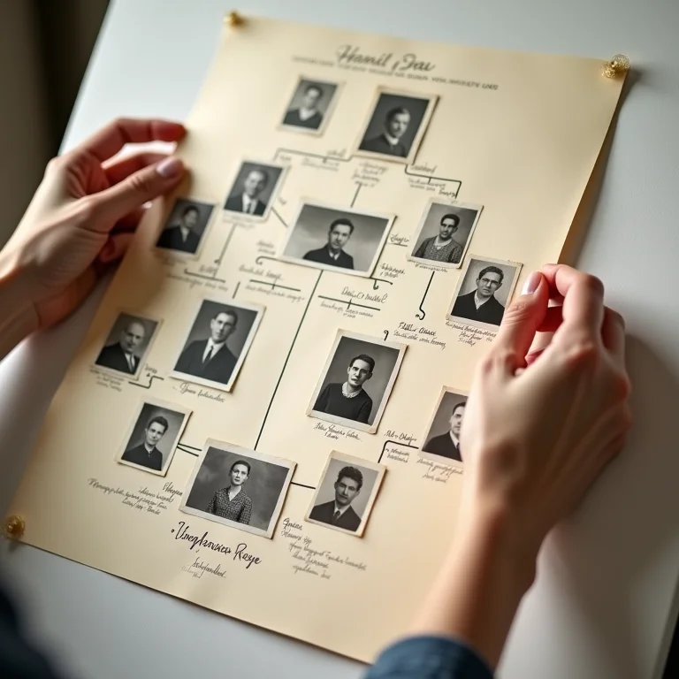 Mãos colando fotos antigas e anotações em uma árvore genealógica