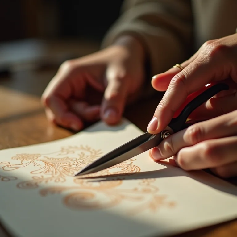 Mãos cortando papel decorativo para scrapbooking.