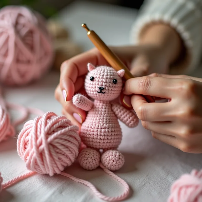 Mãos crocheteando amigurumi com lã rosa