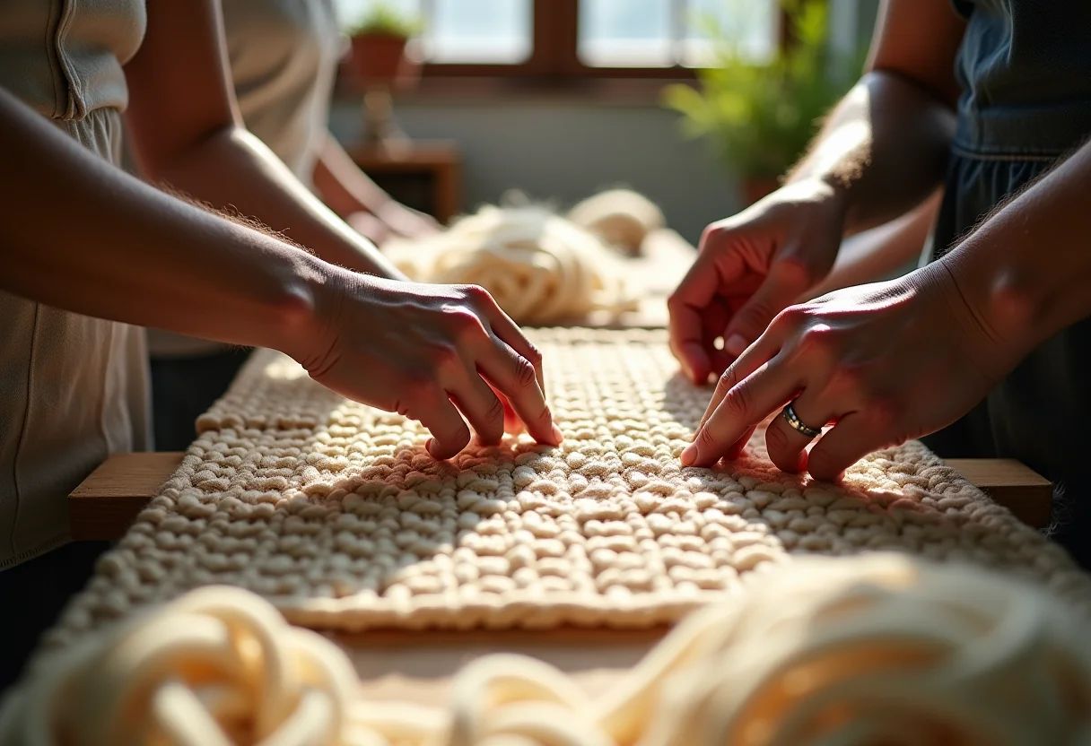 Mãos de artesãos trabalhando juntas em projeto colaborativo