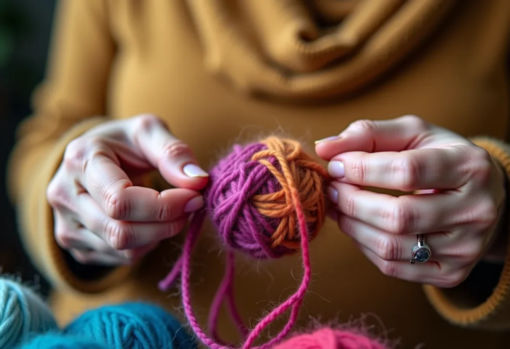 Mãos de senhora fazendo crochê, close-up
