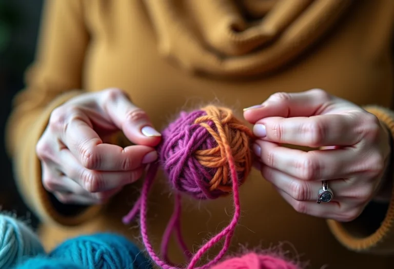 Mãos de senhora fazendo crochê, close-up