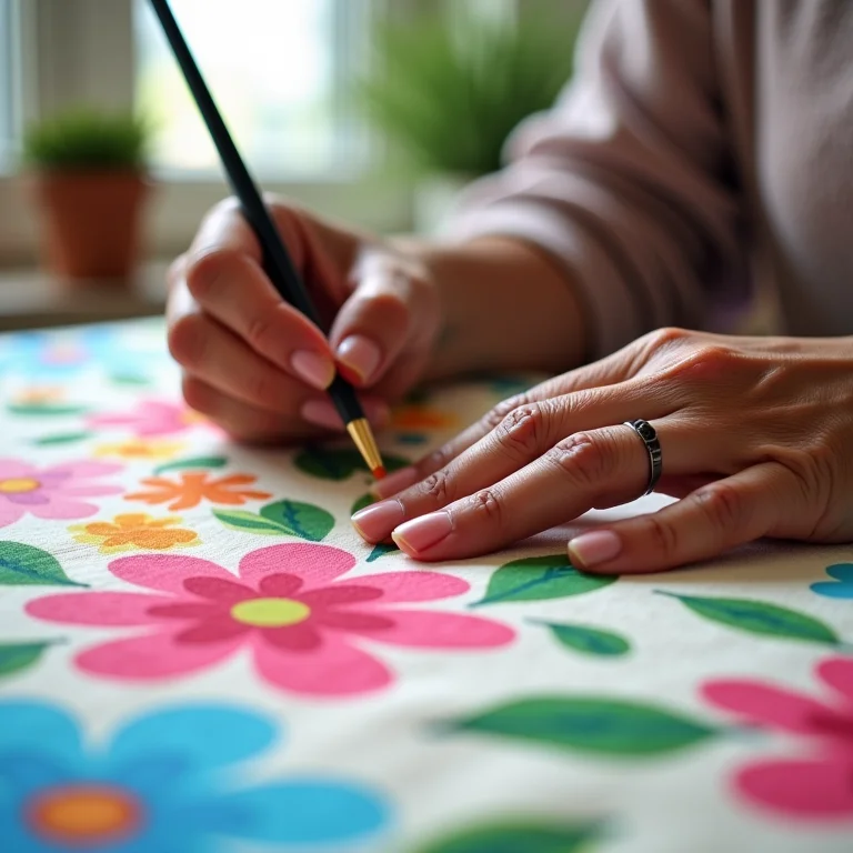 Mãos de senhora pintando tecido com flores