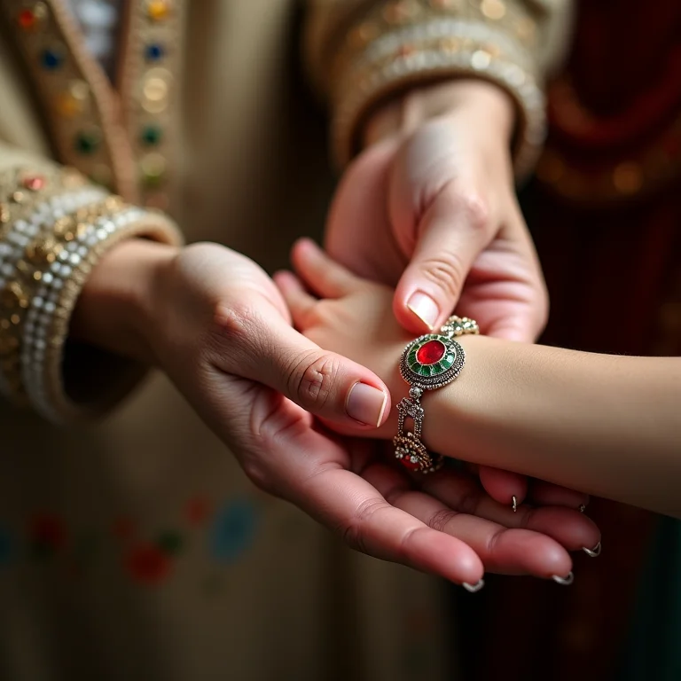 Mãos de uma avó colocando uma joia tradicional no pulso de sua neta.