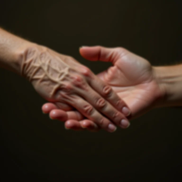 Mãos de uma senhora segurando a mão de uma pessoa mais jovem, simbolizando conexão e sabedoria.
