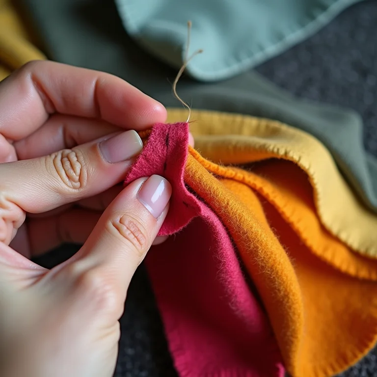 Mãos demonstrando pontos básicos de costura em feltro com linhas coloridas.