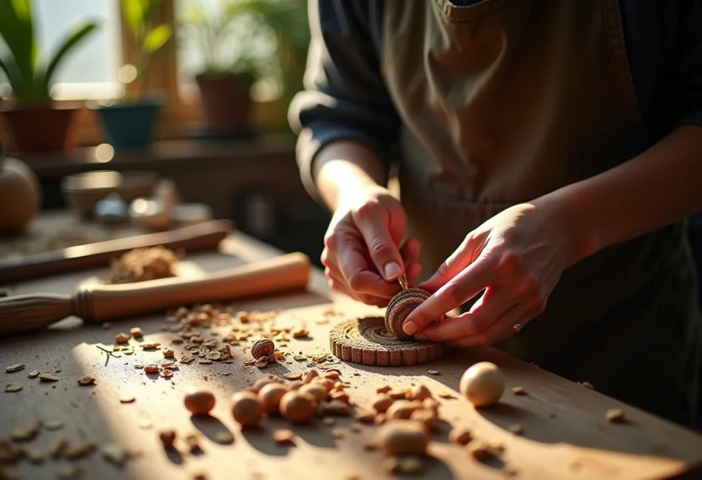 Mãos diversas criando artesanato sustentável em estúdio iluminado