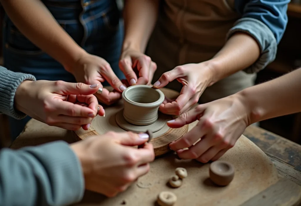 Mãos diversas criando peças de artesanato em colaboração.