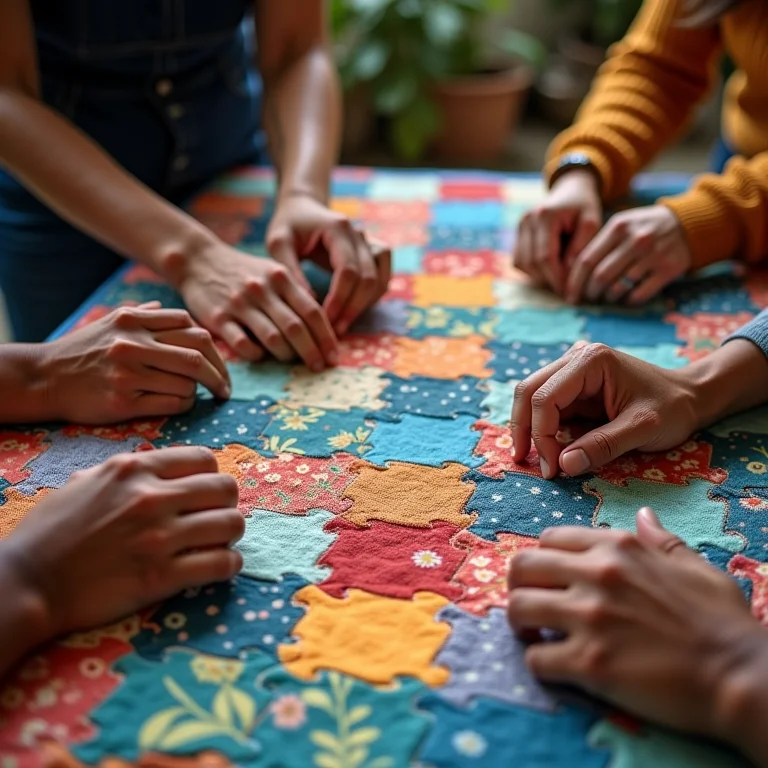 Mãos diversas criando uma colcha de retalhos representando culturas variadas.