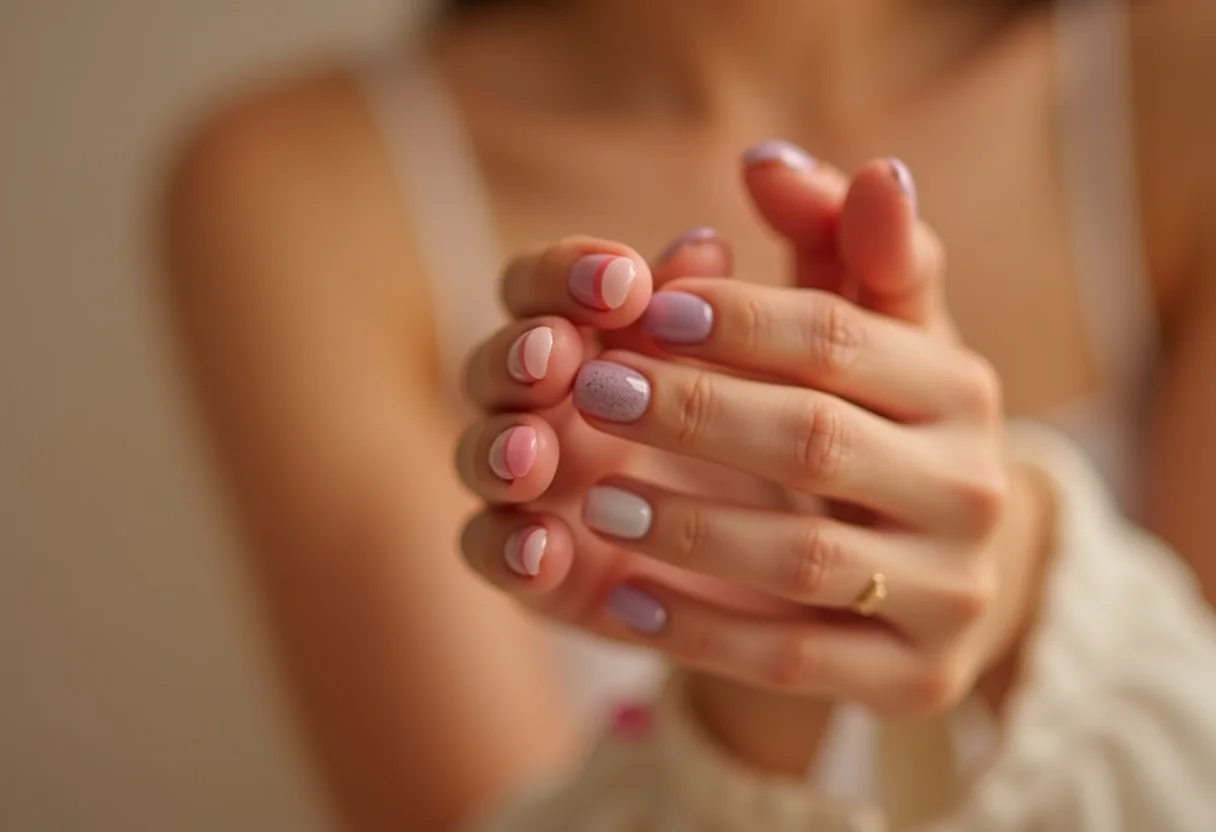 Mãos femininas com esmaltes da moda