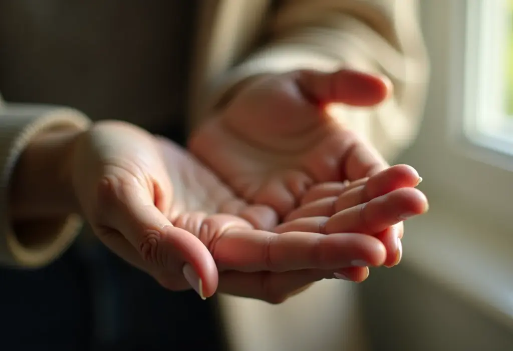 Mãos femininas com manchas senis sob luz natural suave