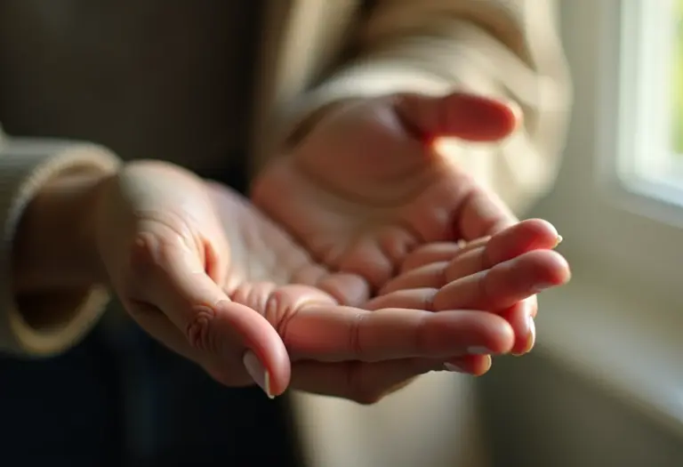 Mãos femininas com manchas senis sob luz natural suave