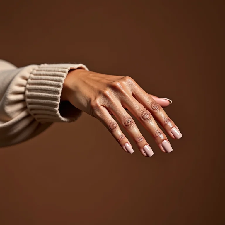 Mãos femininas com unhas mocha mousse combinando com diferentes estilos de roupa e acessórios