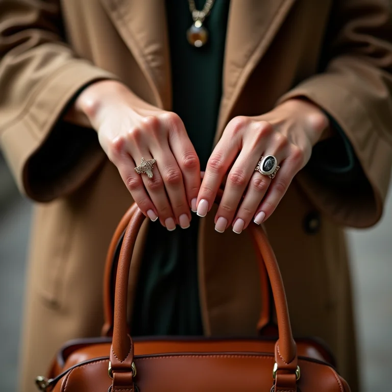 Mãos femininas com unhas mocha mousse segurando bolsa de couro e usando casaco elegante