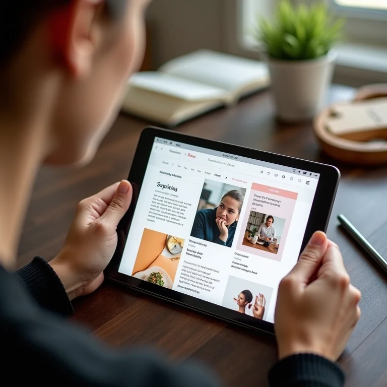 Mãos femininas interagindo com elementos de design de blog em um tablet