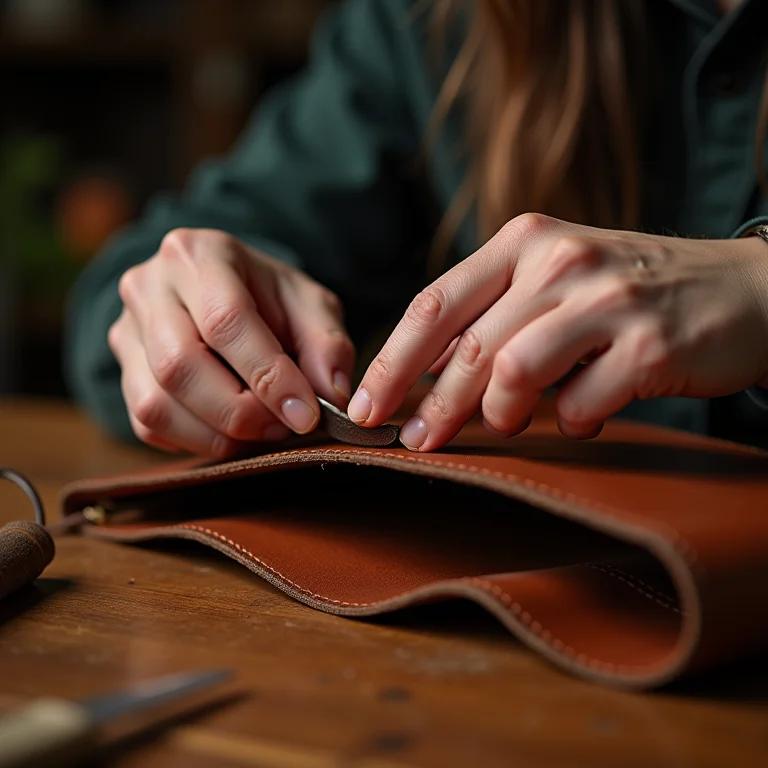 Mãos habilidosas criando bolsa de couro artesanalmente
