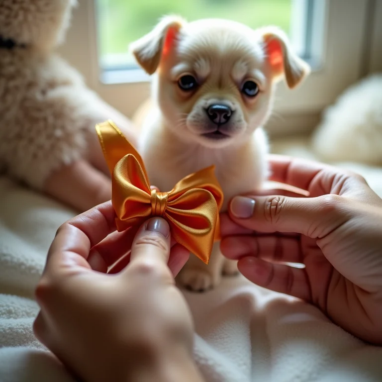 Mãos habilidosas criando um laço pet de fita de cetim