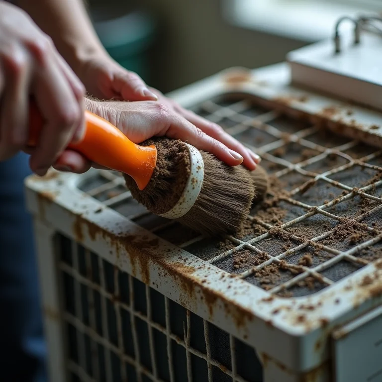Mãos limpando um filtro de ar condicionado muito sujo com uma escova.