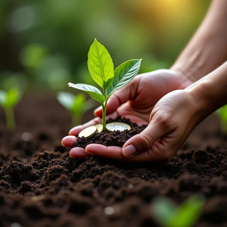 Mãos plantando muda com moedas representando investimento