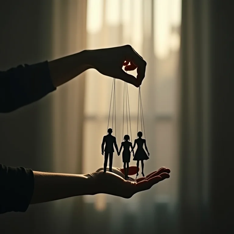 Mãos segurando cordas de marionete, representando o comportamento manipulador em um relacionamento tóxico.