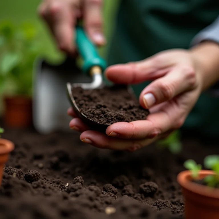 Mãos segurando ferramentas de jardinagem