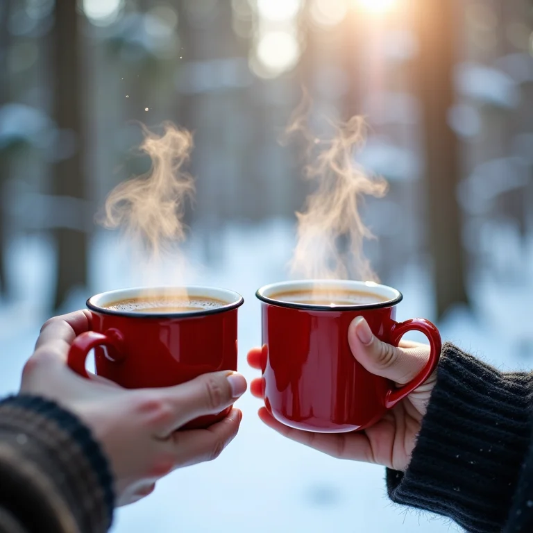 Mãos segurando xícaras de chá em paisagem de inverno