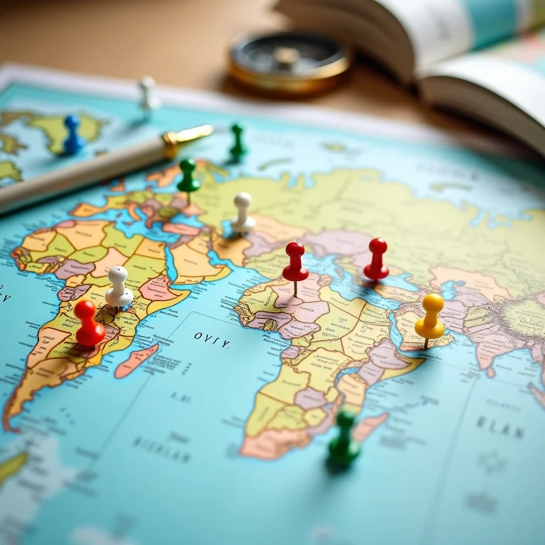 Mapa com destinos familiares marcados para viagem romântica com filhos.