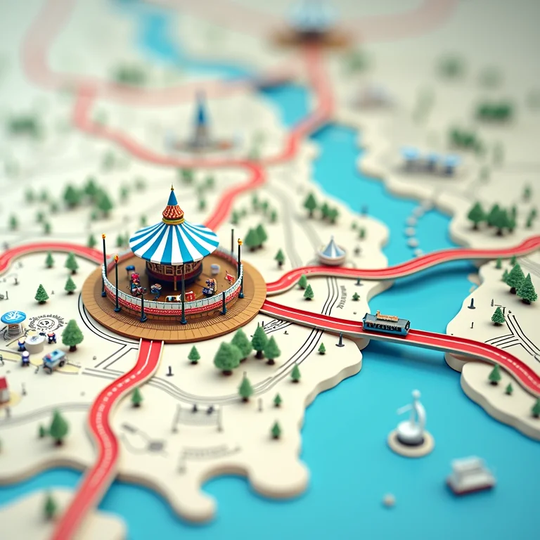 Mapa de transporte público com rota para parque de diversões destacada.