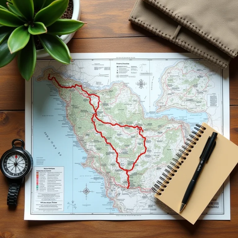 Mapa de trilha, bússola, caderno e caneta em mesa de madeira