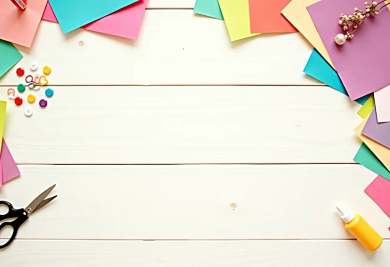 Materiais de scrapbooking dispostos artisticamente sobre mesa de madeira clara.