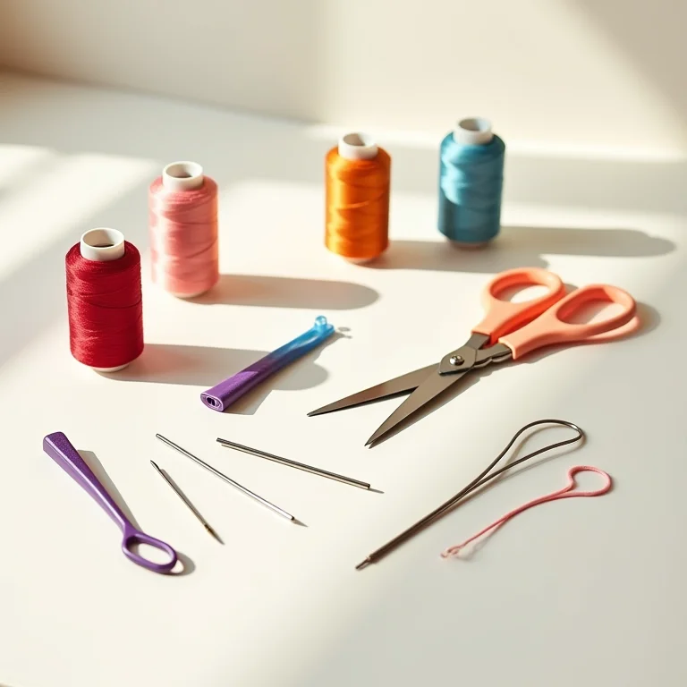 Materiais essenciais para costura em feltro: agulhas, linhas coloridas, tesoura e alfinetes.