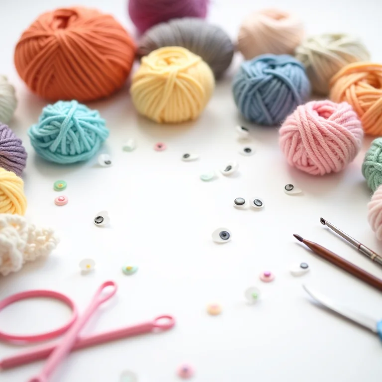 Materiais para amigurumi organizados em mesa branca