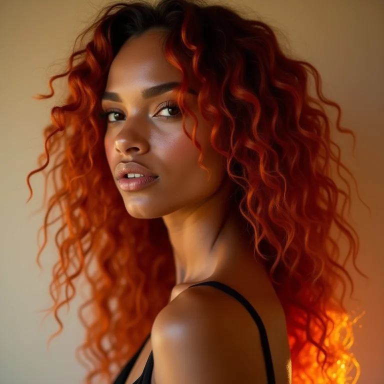 Mechas de cabelo em tons vibrantes de cobre iluminando o rosto