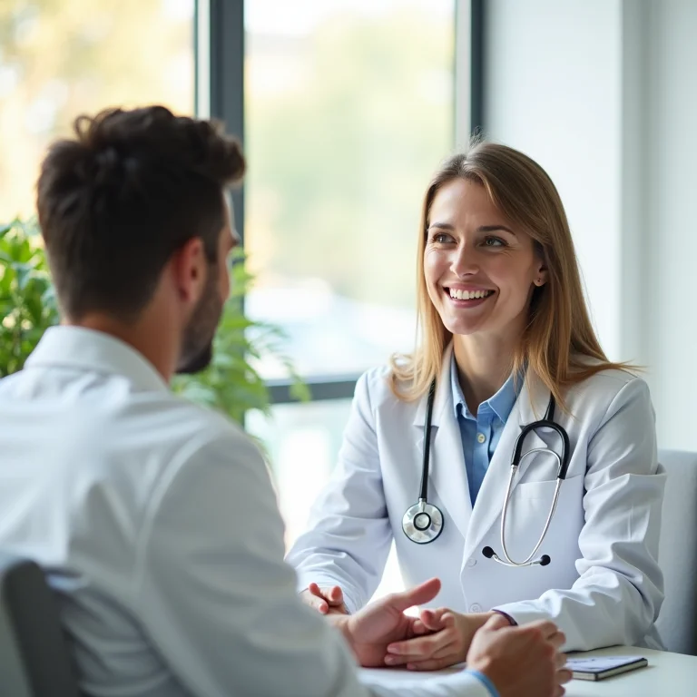 Médico consultando paciente em consultório moderno