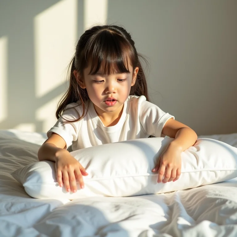 Menina arrumando a cama, incentivando a autonomia e responsabilidade.