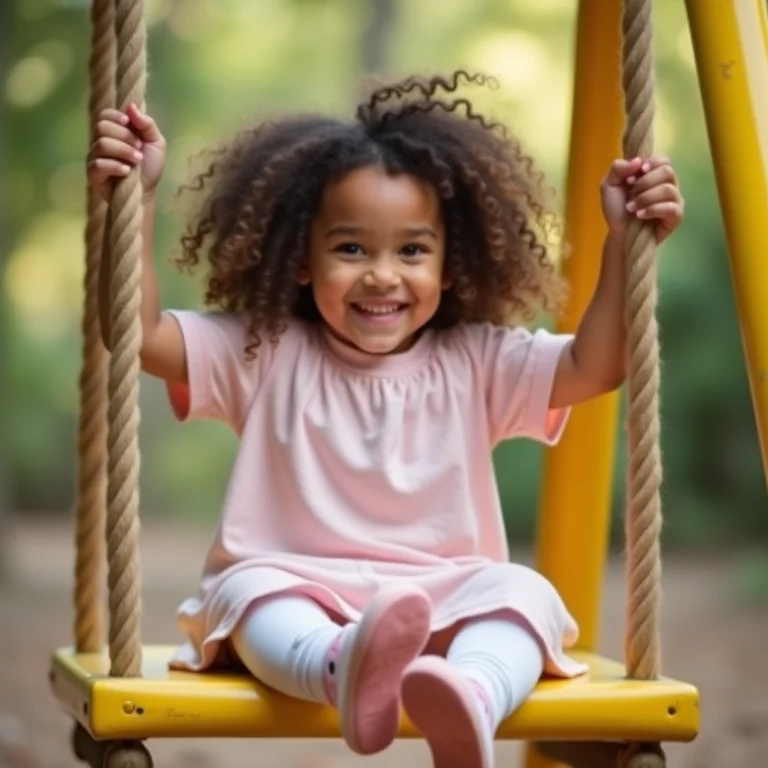 Menina confortável brincando em balanço.