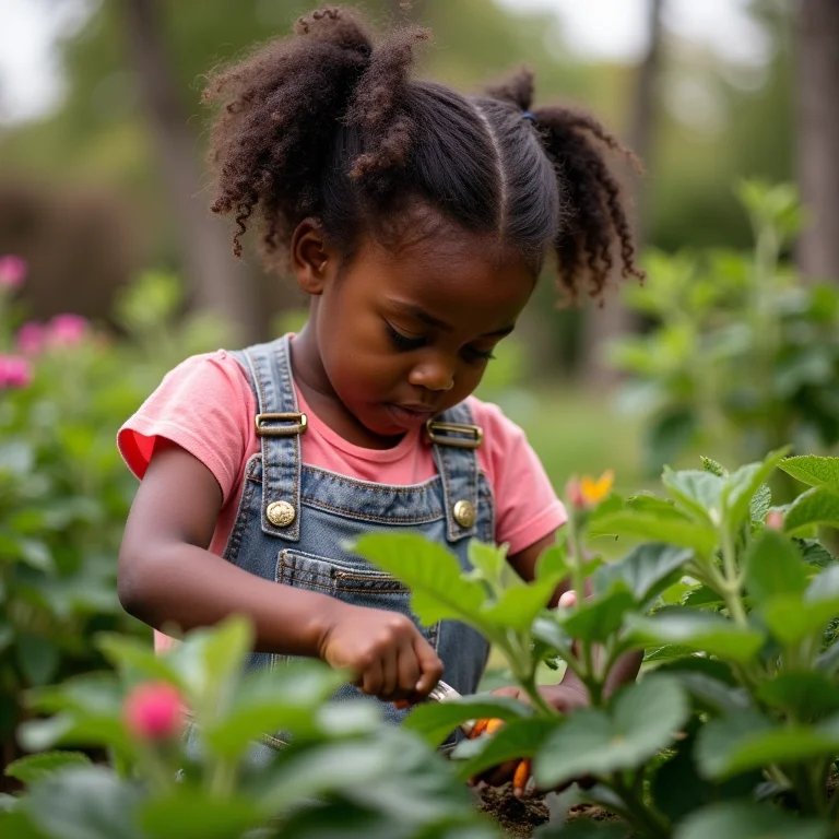 Menina negra aprendendo jardinagem com a mãe.