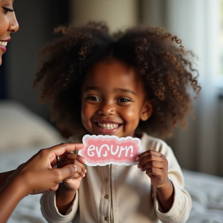 Menina negra recebendo adesivo e abraço da mãe como recompensa.