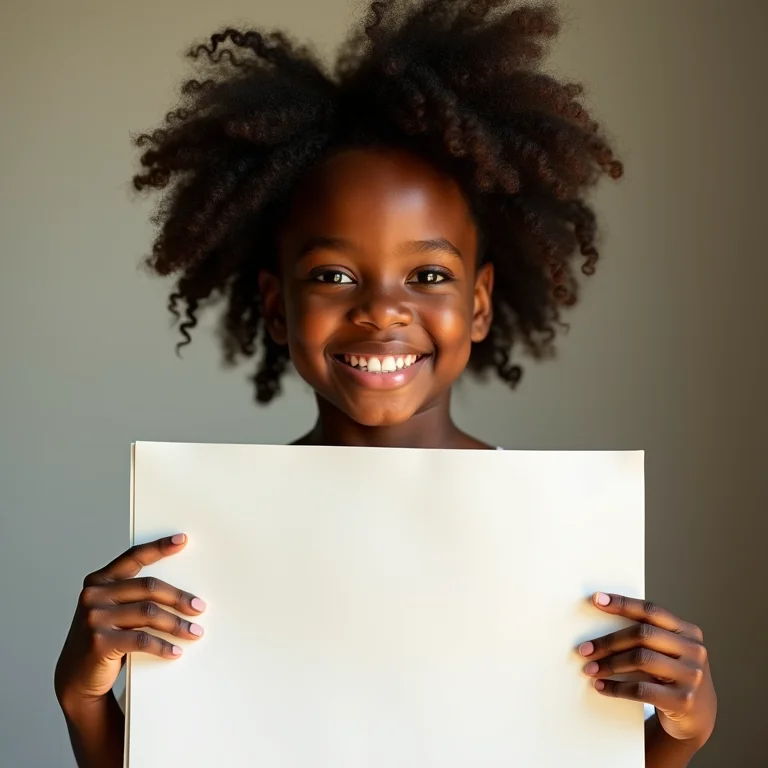 Menina negra sorrindo e segurando desenho de super-heroína