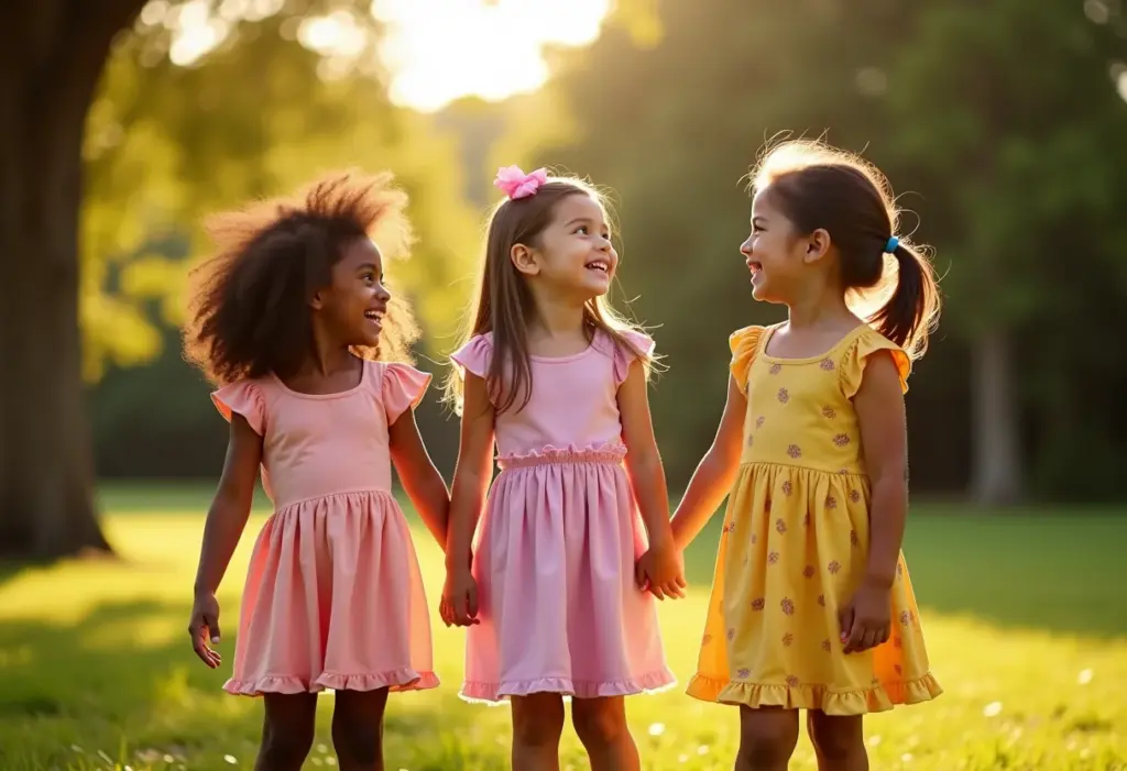 Meninas estilosas se divertindo em parque ensolarado.