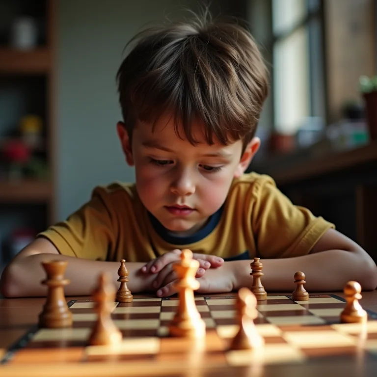 Menino de 8 anos jogando um jogo de tabuleiro estratégico.