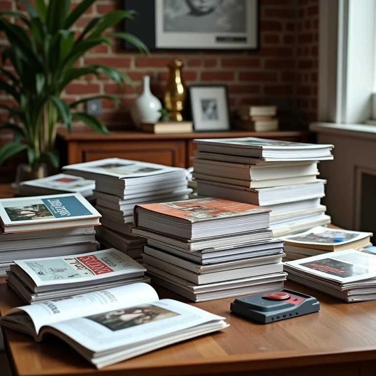 Mesa de centro com excesso de objetos decorativos e livros empilhados