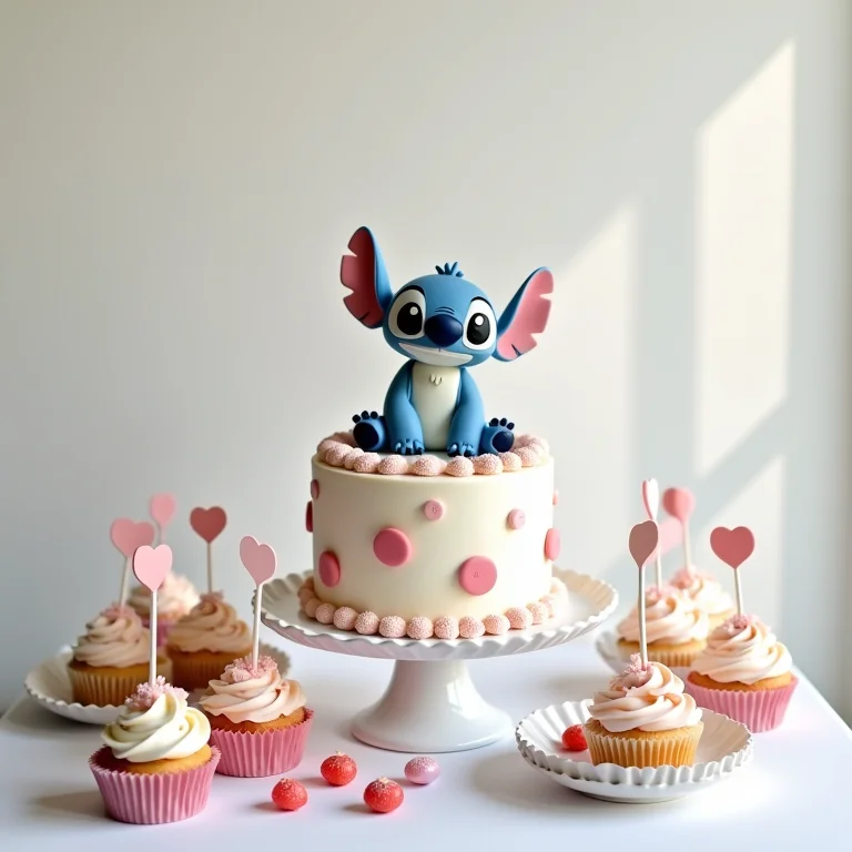 Mesa de doces decorada com tema Stitch.