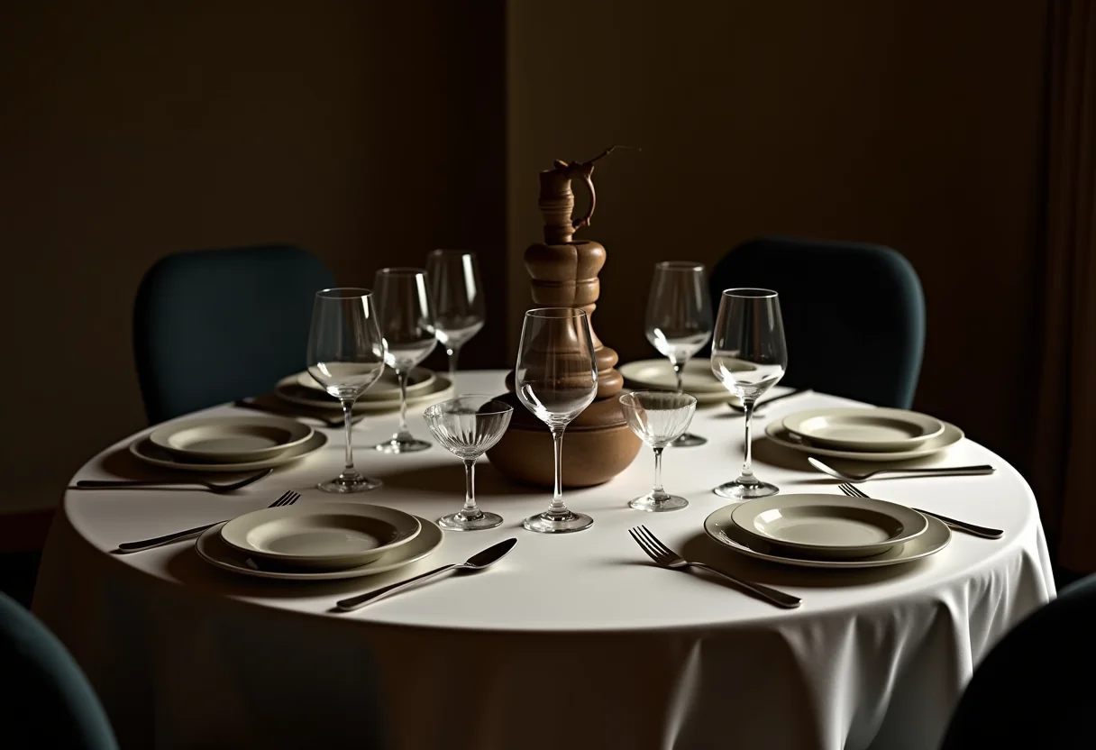 Mesa de jantar decorada com erros de design visíveis, transmitindo a urgência de evitar tais equívocos.